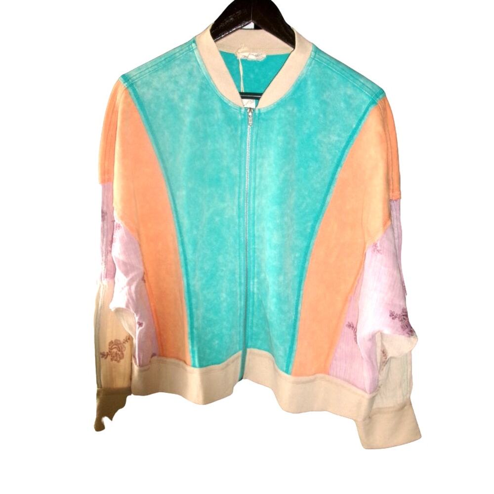 Mystree Women's M Patchwork Colorblock Full Zip Bomber Jacket Boho NWT
